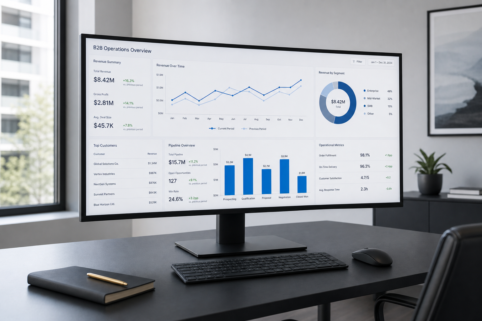 AI dashboard on laptop next to stack of manual paper documents