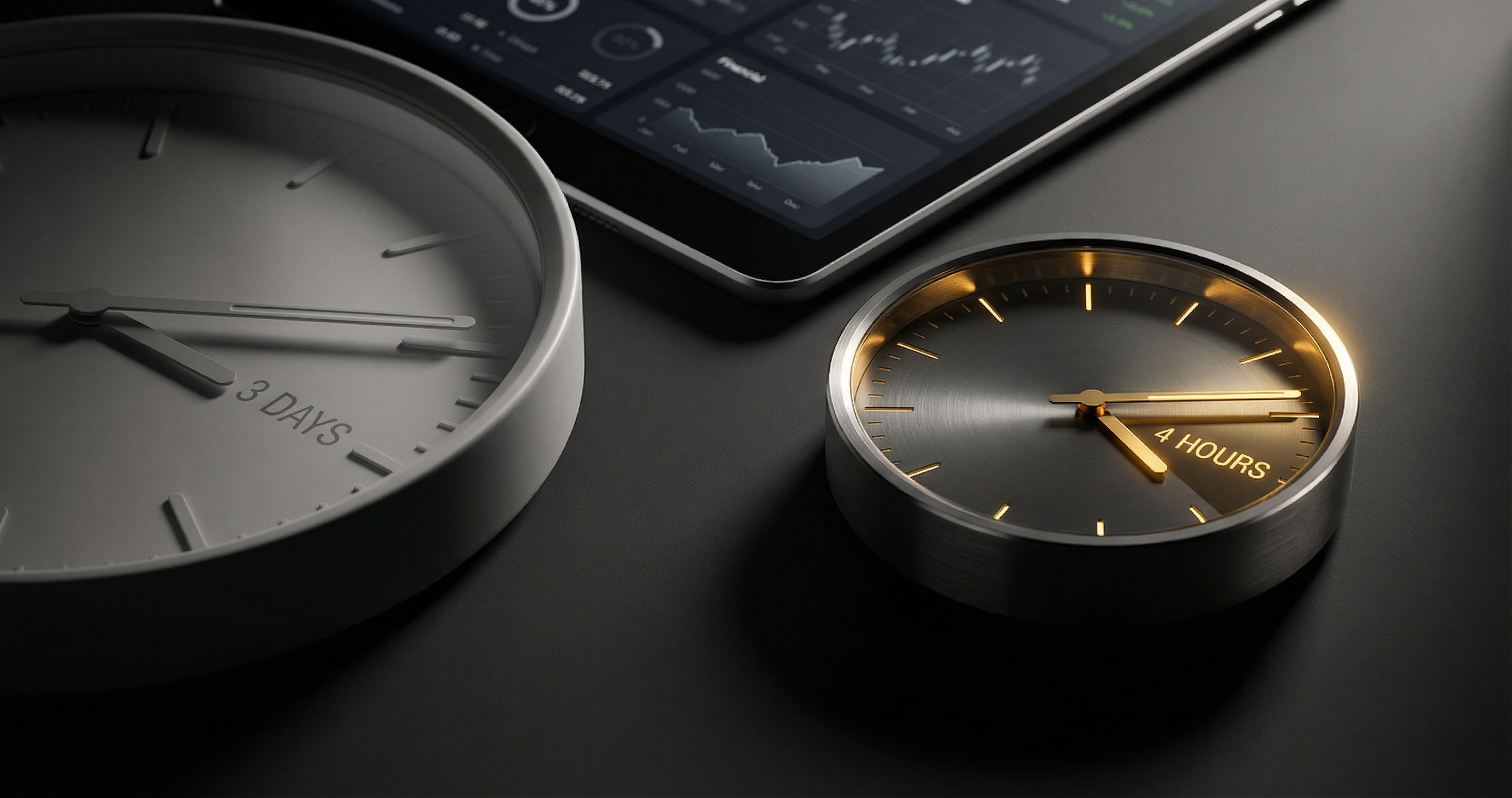 Premium timepiece composition showing dramatic time compression from days to hours