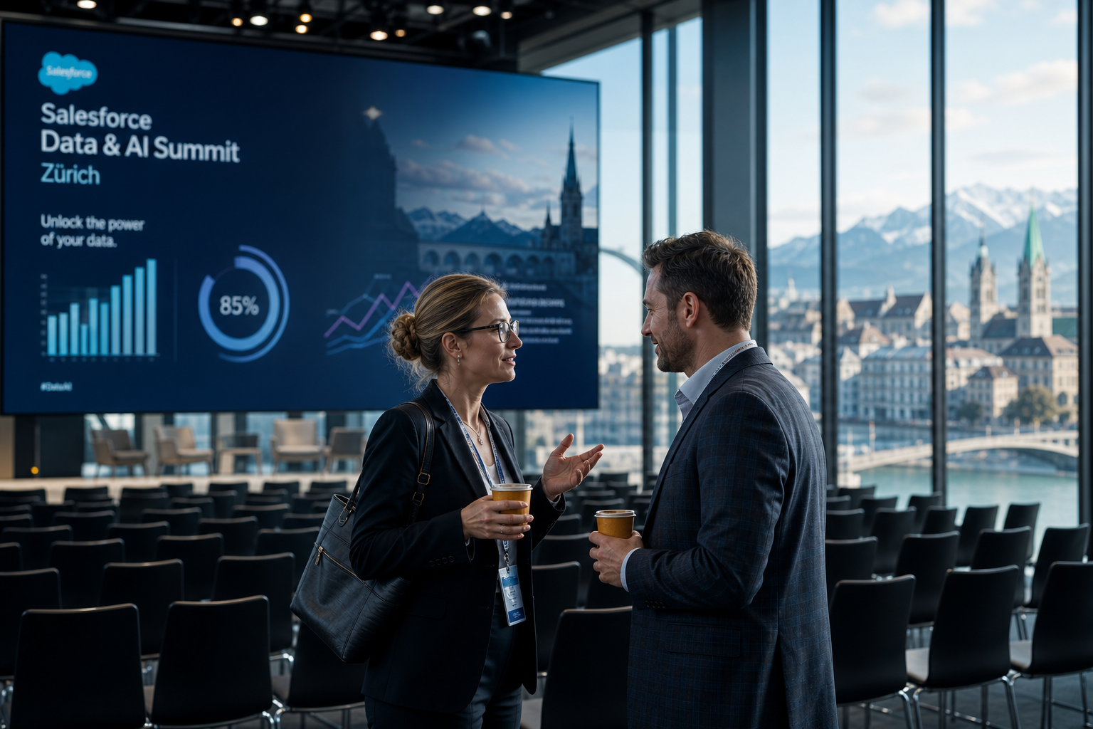 Two professionals networking at the Salesforce Data & AI Summit Zürich with presentation screen in background