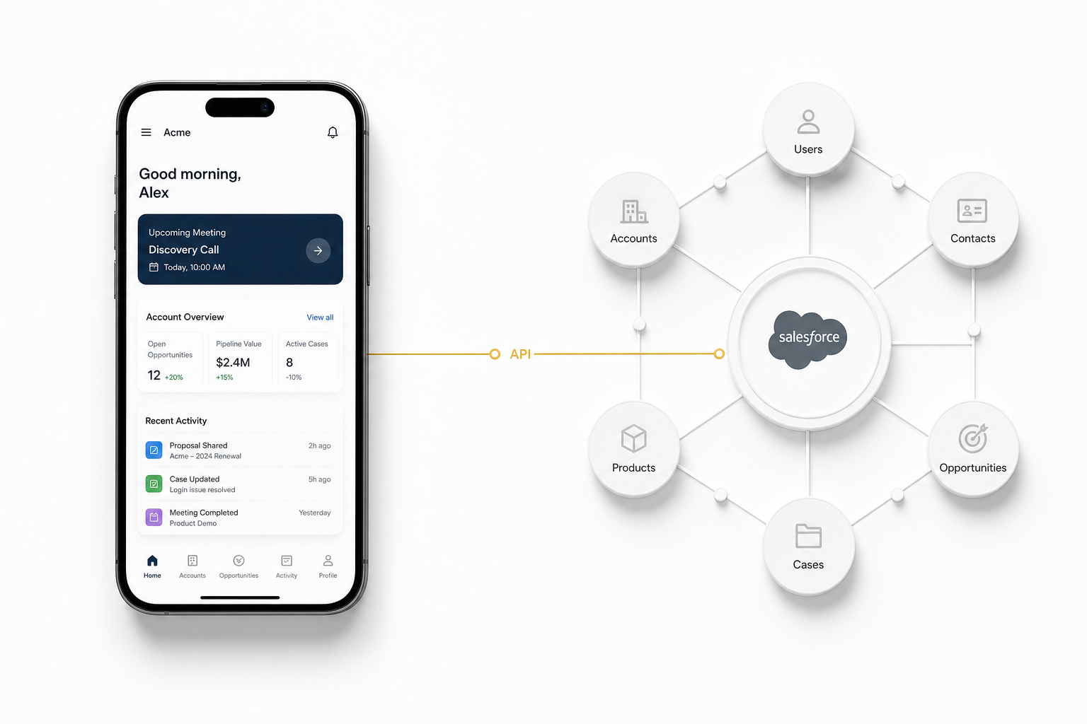 Custom mobile interface connected to Salesforce backend via API — illustrating headless architecture
