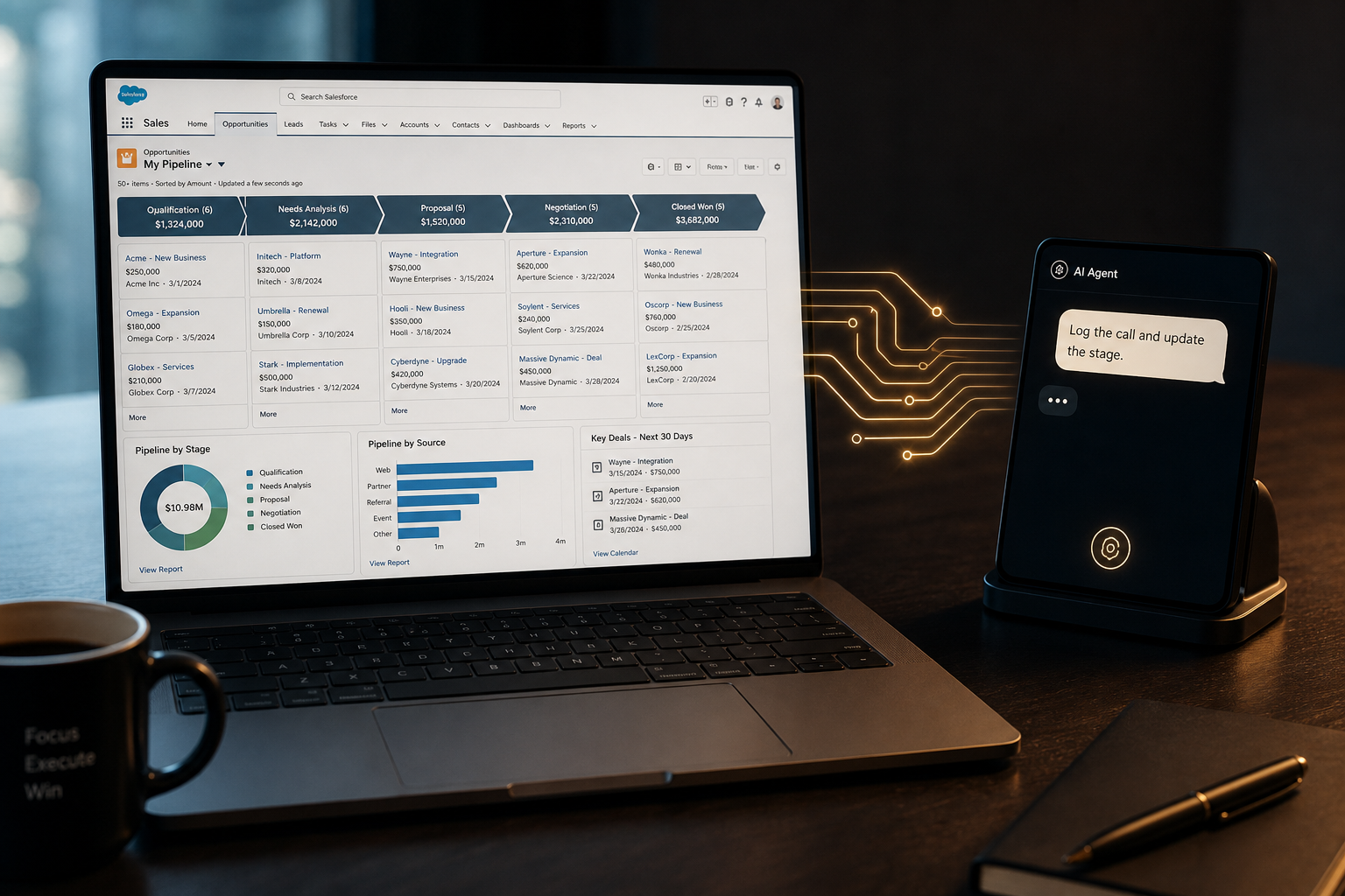 AI assistant interface connected to Salesforce CRM pipeline — MCP Skills operating autonomously
