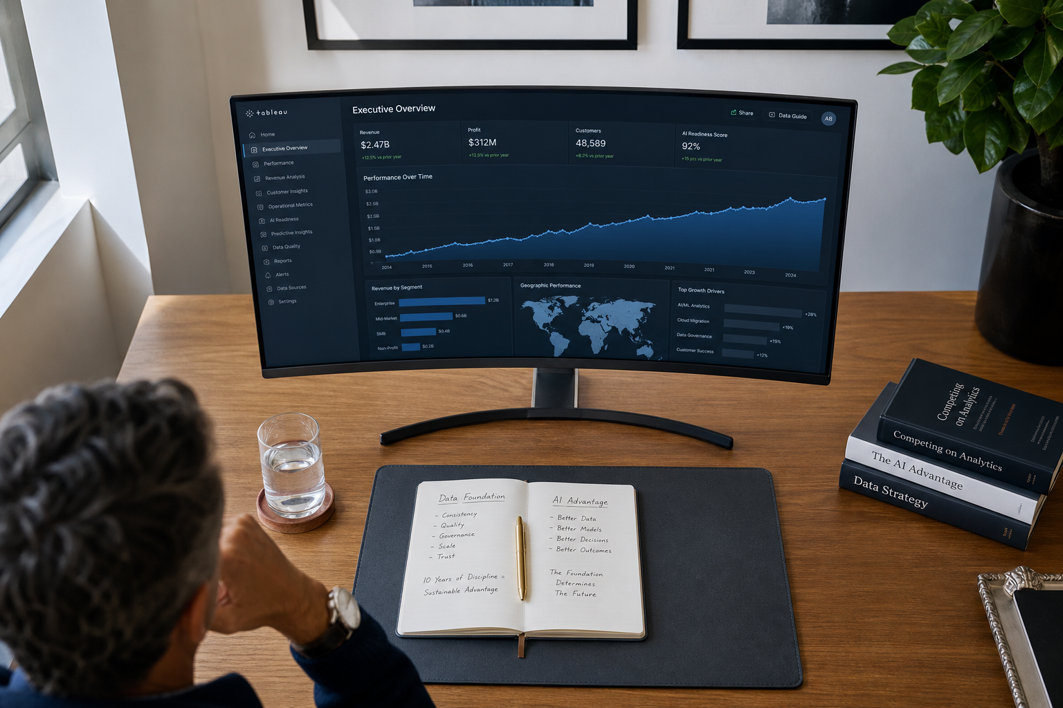 Executive reviewing Tableau dashboard showing a decade of consistent data — the foundation for AI advantage