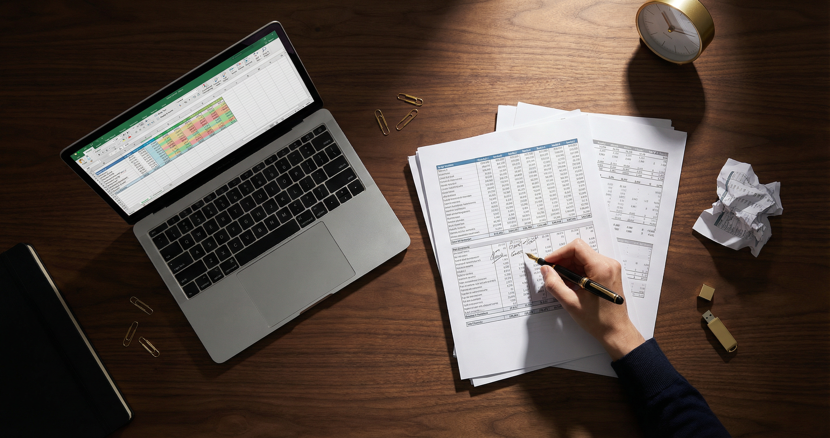 Professional workspace showing manual data transfer between business systems with spreadsheets and screens