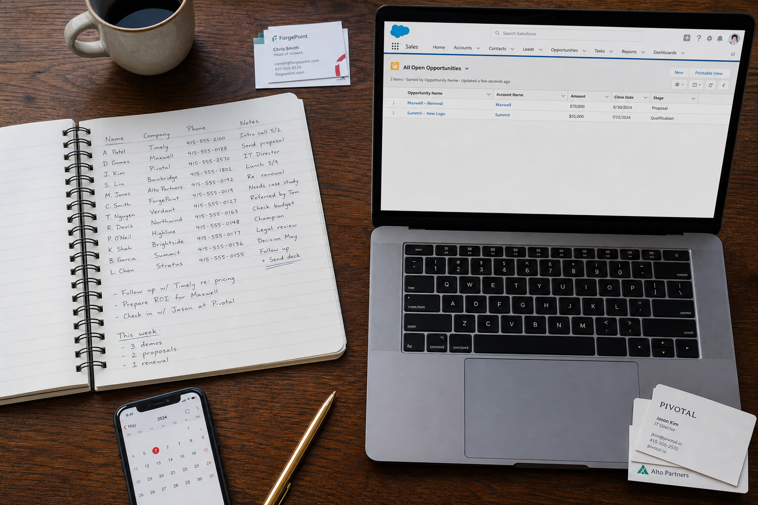 Salesforce CRM on laptop screen next to sticky notes with unlogged sales data